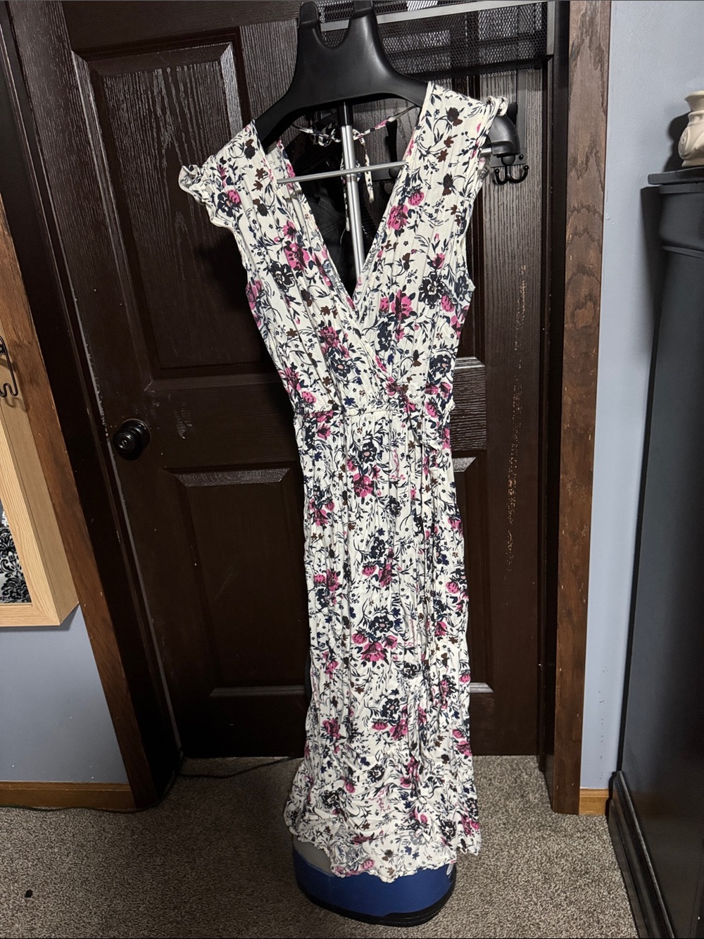 White Floral V-Neck Maxi Dress with Pink and Navy Accents